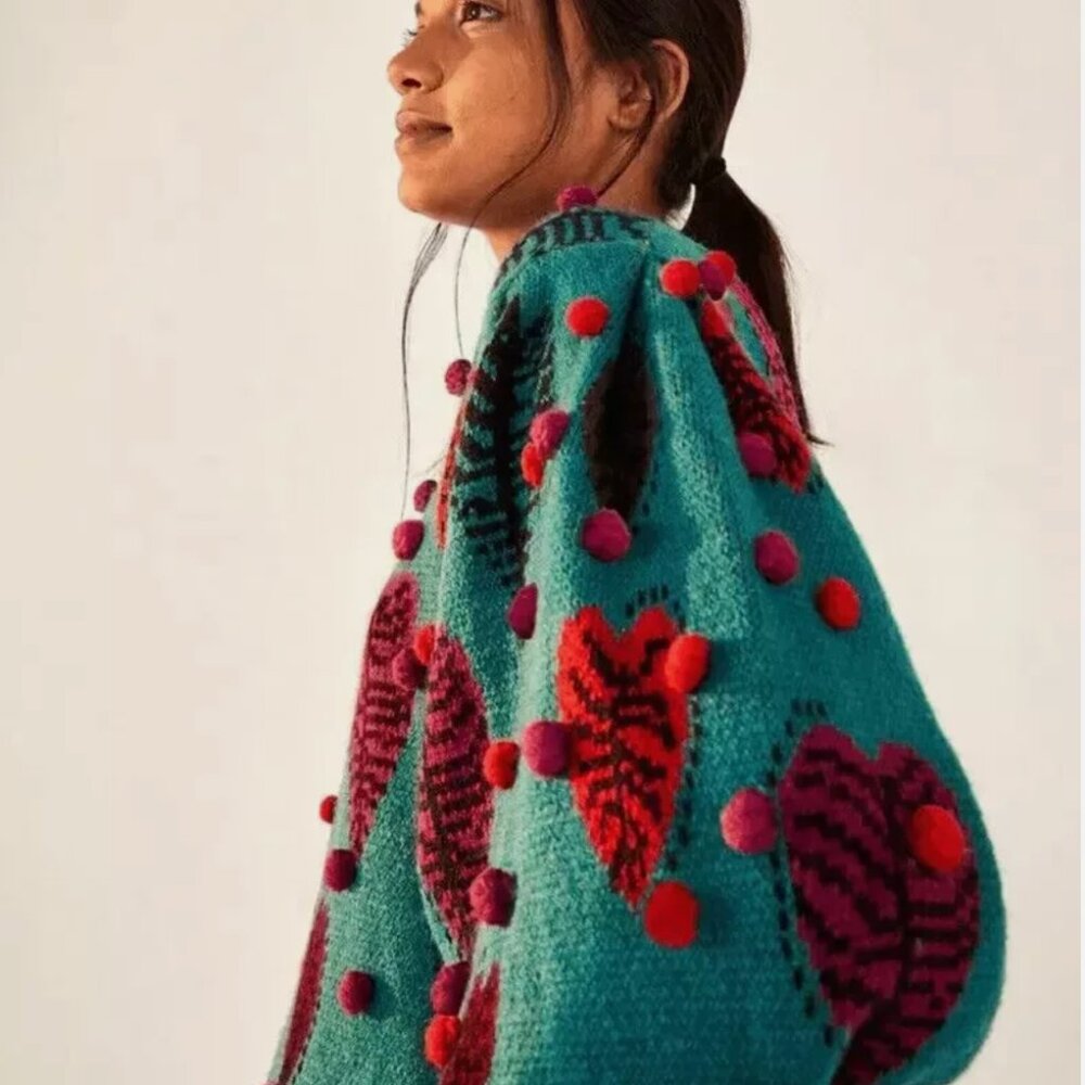FARM Rio Monstera Hearts Green Mock Neck Sweater Puff Sleeve Pom Pom Medium